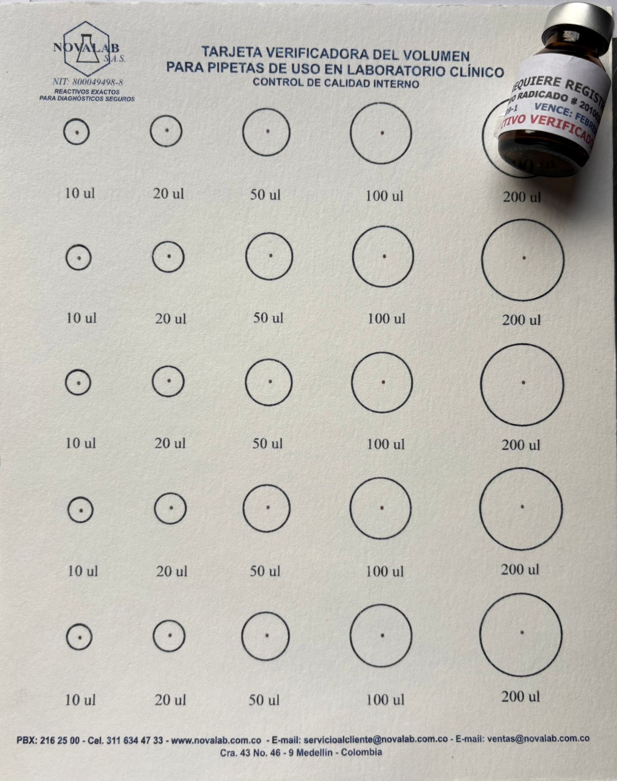 Tarjeta Verificadora Para Pipetas De Volumen Fijo Y Variable